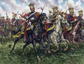 Ensimmäinen keisarikunta: Keisarillisen kaartin punaiset lanssijat eli keisarillisen kaartin hevosrykmentti Waterloon taistelussa 18.6.1815 - Ensimmäinen keisarikunta: Keisarillisen kaartin 2. kevyen ratsuväen rykmentti (punaiset lanssijat eli Red Lancers)