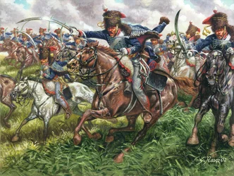 Ensimmäinen valtakunta: 15. englantilaisen lohikäärmerykmentin hyökkäys Waterloon taistelussa 18.6.1815 - Ensimmäinen valtakunta: 15. englantilaisen lohikäärmerykmentin hyökkäys Waterloon taistelussa 18.6.1815 - Kuvitus: Giuseppe Rava