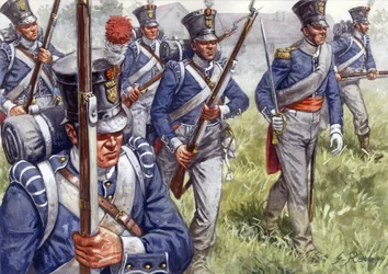 Ensimmäinen valtakunta: belgialainen tai hollantilainen jalkaväki noin 1815 - Ensimmäinen valtakunta: belgialainen tai hollantilainen jalkaväki - Kuvitus: Giuseppe Rava