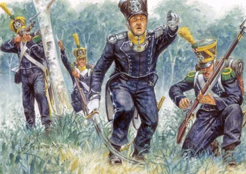 Ensimmäinen valtakunta: kevyen jalkaväen voltigeurit metsässä - Ensimmäinen valtakunta: Voltigeurs metsässä - Kuvitus: Giuseppe Rava