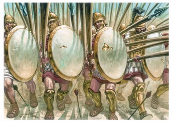 Makedonian kuningaskunta: makedonialaisten falangistien lataus - The charge of macedonian Phalangite - Kuvitus: Giuseppe Rava