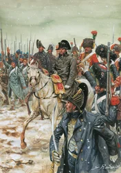 Kauan eläköön keisari! Keisari Napoleon I (1769-1821) hevonen ympäröi armeijaansa Ranskan sotaretkellä tammikuussa 1814" - Kuudennen koalition sota, taistelut Ranskassa, keisari Napoleon I armeijansa ympäröimänä Ranskan sotaretkellä - Kuvitus: G