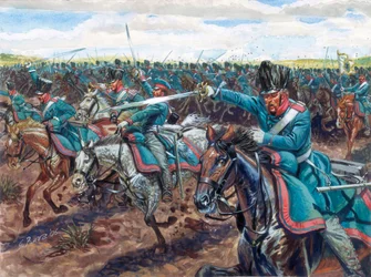 Napoleonin sodat: preussilaiset dragoonit hyökkäävät Kuvitus: Giuseppe Rava