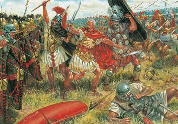 Rooman antiikki: Julius Caesar (100-44 eKr.) voittaa Mundan taistelun 17. maaliskuuta 45 eKr. Etelä-Espanjassa tasavallan kannattajia vastaan - kuvitus