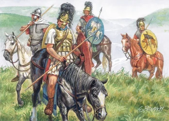 Roman antiquite (tasavalta): joukko roomalaisia ratsumiehiä - Rooman tasavalta: roomalainen ratsuväki - Kuvitus: Giuseppe Rava