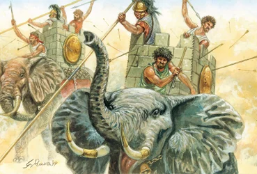 Roman antiquite: Hannibalin elefantit - kuva elefanteista, joiden avulla kenraali Hannibal (247-183 eKr.) ylitti Alpit vuonna 218 eKr. toisen Punisen sodan aikana Kuvitus: Giuseppe Rava