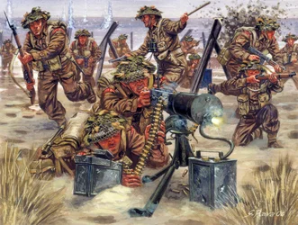 Toinen maailmansota: Englantilaiset sotilaat laskeutuvat maihin Normandiassa kesäkuussa 1944 - WWII: Normandian maihinnousu, brittijoukot, 6. kesäkuuta 1944 - Kuvitus: Giuseppe Rava