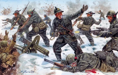 Toinen maailmansota, Venäjän rintama: WWII, Venäjän rintama: italialaiset alppimetsästäjät Venäjällä tammikuussa 1943 - Kuvitus: Giuseppe Rava