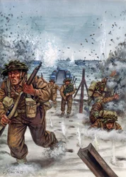 Toinen maailmansota: Skotlantilaisia sotilaita Normandian maihinnousun aikana 6/06/1944 - WWII, D day: Skotlantilaiset sotilaat maihinnousupäivänä Normandiassa 6. kesäkuuta 1944 - Kuvitus: Giuseppe Rava