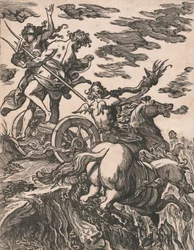 Persefonen raiskaus ja Pluto hevosen selässä oikealla, 1590-1607.