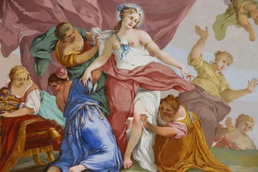 Esitykset Dianan myytistä, Domenico ja Giuseppe Valeriani, fresko, makuuhuoneen holvikatot, Kuninkaan asunto, Metsästysasunto, Filippo Juvarra (1678-1736), Stupinigi, Piemonte, Italia