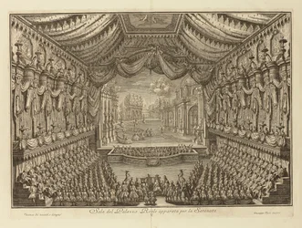 La Serenata -esitys Napolin kuninkaallisessa palatsissa par Vasi, Giuseppe (1710-1782). Kuparikaiverrus, koko: 41,5x62