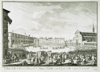 Corsa dei Cocchi -juhla Piazza Santa Maria Novellalla. Corsa dei Cocchin juhlaa Santa Maria Novellan kirkon aukiolla Firenzessä. Giuseppe Zocchin (1711-1767) piirustus. Firenze, Biblioteca Riccardiana.