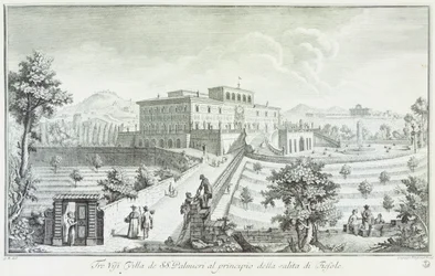 Villa Palmieri Fiesolessa, kirjoittanut Giuseppe Zocchi (1711-1767), Näkymä huviloihin ja ympäristöön Toscanassa, Italiassa