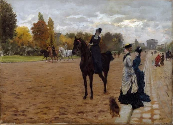 Amazon Cavaliere keskustelee kävelijöiden kanssa Avenue Fochin kanssa Pariisissa. Giuseppe De Nittisin (1846-1884) maalaus noin 1875. Öljy kankaalle. Mitat: 42 x 31 cm. Genes, Galleria d