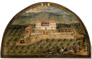 Villa "" La Peggio "", kirjoittanut Giusto Utens (1500-luku). Miehet pelaamassa palloa. Firenzen museo sellaisena kuin se oli. Firenze.