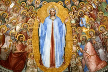 Padovan kastekirkko. Giusto de Menabuoin 14. vuosisadan freskot. Paratiisi. Neitsyt Maria patriarkkojen, profeettojen ja pyhimysten kanssa. Yksityiskohta. Padova. Italia. (kuva)