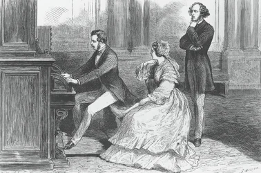 Saksin prinssi Albert soittamassa kuningatar Victorian ja Felix Mendelssohn Bartholdyn (1809-1847) edessä, Kaiverrus