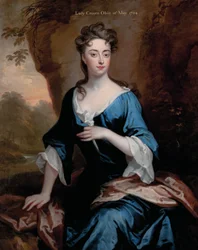 Elizabeth Skipwithin muotokuva, Lady Craven, kolme neljäsosaa, sinisessä mekossa ja punaisessa huivissa, metsäinen jokimaisema takana, 1704