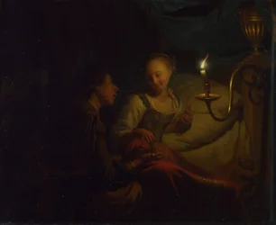 Kynttilänvalokohtaus. Mies tarjoaa kultaketjun ja kolikoita sängyllä istuvalle tytölle, n. 1665-1667