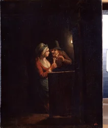 Mies ja nainen kynttilänvalossa. Godfried Cornelisz Schalckenin (1643-1706) maalaus. Öljy kankaalle, 31 x 25 cm. Hollantilainen taide, barokkitaide. Valtion ulkoilmamuseo Palace Gatchina, Pietari.