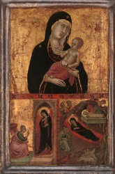 Madonna ja lapsi ilmestyksen ja syntymän kanssa, n. 1310-15.