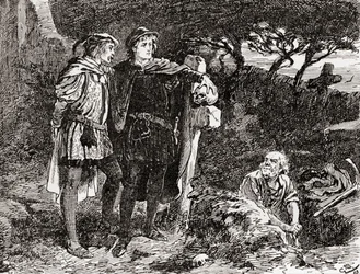 Kohtaus William Shakespearen näytelmästä Hamlet, V näytös, kohtaus 1, Hamlet: Minä tunnen hänet, Horatio, äärettömän pilailija, mitä mainioin mielikuvitus, William Shakespearen teoksista, julkaistu 1896 (e)