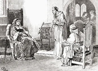 Kohtaus William Shakespearesin näytelmästä Kuningas Henrik VIII, näytös III, kohtaus 1, kuningatar Katherine: Tehkää mitä haluatte, herrani ja rukoilkaa minulle anteeksi, jos olen käyttänyt itseäni epätavallisesti, William Shan teoksista.