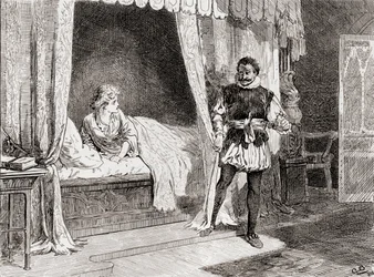 Kohtaus William Shakespearen näytelmästä Othello V näytöksen V kohtaus 2, Desdemona: Dendemona: Puhutko sinä tappamisesta? Othello: William Shakespearen teoksista, julkaistu 1896.