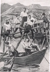 Guadianan ylittävän sillan rakentaminen, 3. huhtikuuta 1811, kuva julkaisusta "British Battles on Land and Sea", julkaisija Cassell, Lontoo, n. 1910