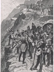Retreat to Corunna: Hurling the Silver alas vuorenrinnettä, kuvitus teoksesta "British Battles on Land and Sea", julkaisija Cassell, Lontoo, noin 1910