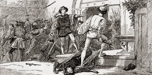 Tybaltin tappoi Romeo, kohtaus William Shakespearen Romeo ja Julia, näytös III, kohtaus 1, William Shakespearen teoksista, julkaistu 1896