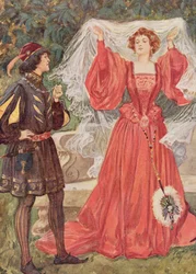 Viola ja Olivia kahdestoista yössä Edith Nesbitin (1858-1924) pubista "Shakespearen lasten tarinoita". kirjoittanut Raphael Tuck und Sons Ltd., Lontoo (kirjan kuvitus)