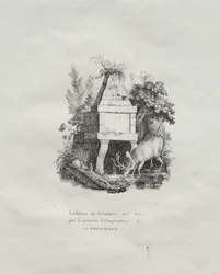 Litografisten esseiden kokoelma: Puupiirrosta jäljittelevä suihkulähde, n. 1816.