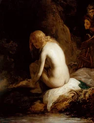"Susanna ja vanhimmat" (Susanna ja vanhimmat) Govaert (Govert) Flinckin maalaus (1615-1660) Öljy puulle Koko 49,6x37,8 cm Staatliche Museen, Berliini
