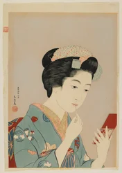 Nainen soveltamassa Lip Rougea, Taisho-aika, helmikuu 1920 (värillinen puupainatus)