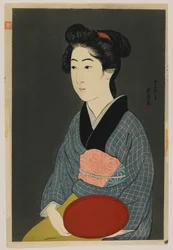 Nainen pitelee tarjotinta, Taisho-aika, tammikuu 1920 (värillinen puupainatus)