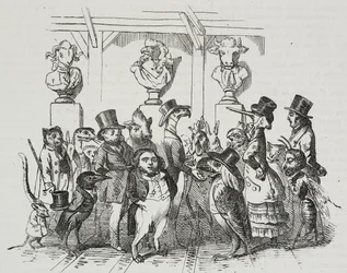 Uloskäynti teatterista, karikatyyri Jean-Jacques Grandville (1803-1847), litografia Giovanni Mariani, Poliorama Pittoresco, n. 39, 7. toukokuuta