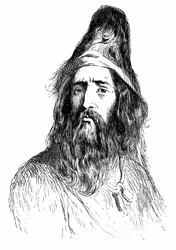 Robinson Crusoen muotokuva 11 vuoden jälkeen autiolla saarella - Grandvillen kuvitus Daniel De Foen (Defoe) romaaniin - edition Garnier 1869 s 138.