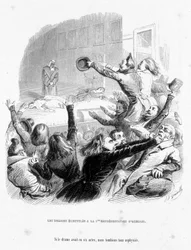 Roomalaisilla on Victor Hugon (1830) ensimmäinen Hernani-esitys. Sarjakuva "" Jerome Paturot etsimässä sosiaalista asemaa"", kirjoittanut Louis Reybaud