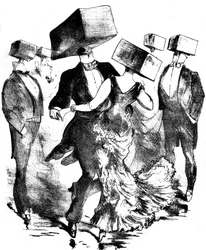 Allekirjoittamaton kuvitus Emile Fischerin teoksen "Polka des hamteaux" partituuriin, 1800-luvun loppupuoli - 1900-luvun alku - tämä nimetön sävellys tuo mieleen yhtä lailla edeltäjänsä Grandvillen keksinnöt kuin tulevien surrealistien, kuten esimerkiksi