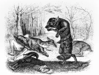 Susi ja metsästäjä, kuvitus La Fontainen "Taruihin", julkaisija H. Fournier Aîné, 1838