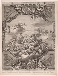 Apollo jakaa palkintoja ja Minerva kruunaa Ranskan nerouden Apollon distirbuë des recompenses aux Sciences et aux Arts, et Minerve couronne le Genie de la France (otsikko esineessä) Kattomaalaukset Versaillesin palatsissa (sarjan nimi)