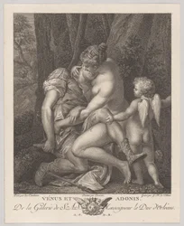 Venus suree Adonisia, istuu puun alla ja syleilee häntä, Cupidolla oikealla, noin. 1786.