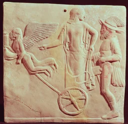 Afrodite ja Hermes Eroksen ja Psykhen vetämissä vaunuissa, 470 eKr.