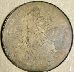 Kreikkalainen taide: "" Afrodite ja Eros"" Pronssipeili. 350 eKr., Louvre-museo