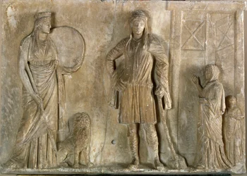 Kreikkalainen taide: "" Frygialaiset jumalat Cybele ja Attis, hänen poikansa ja rakastajansa"" Marmorireliefi 2. vuosisadalta eKr. Museo Archeologico, Venetsia