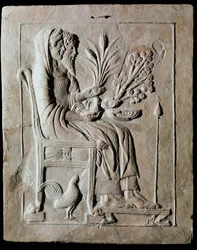 Kreikkalainen taide: votiivinen terrakottalaatta, jossa Persefone istuu valtaistuimella ja Hades on hänen vierellään, Lokroista. 470 eKr. Reggio Calabria, Kansallismuseo