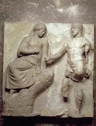 Herkules ja Minerva, yksi Herkuleen urotöitä kuvaavasta metooppisarjasta Olympian Zeuksen temppelistä, varhaisklassinen kausi, n. 470-457 eaa.