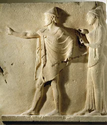Hermes agoraios ja hyväntekeväisyys, reliefi Theoresin kulkuväylästä, Thasos, noin 470 eaa. (marmori) (ks. myös 346624).